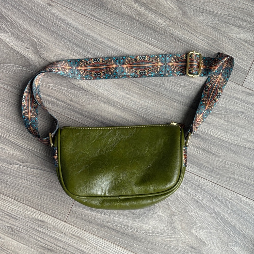 Vegan Leather Olive Green Purse with Patterned Strap
